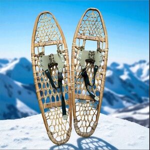 Vintage Cabela's Wooden SNOWSHOES rawhide 10" x 36" w/ Bob Maki bindings Vintage